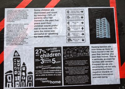 PRSC are incredibly excited about the latest mural installed on our outdoor gallery wall on Monday (Feb 26) the first day of Bristol’s Homeless Awareness Week. (small insert, image 2) The installation was produced during a project called THE CAGE: Visualising the Housing Crisis, and is made up of archive and contemporary photographs, statistics and facts focussing on the ever deepening issues facing the UK’s housing situation. Image3 CAGE: Visualising the Housing Crisis was a 3-day collaborative workshop and intervention in the public space from IC-Visual Lab in collaboration with People’s Republic of Stokes Croft. The workshop was coordinated by IC-Visual Lab in conjunction with internationally acclaimed Spanish artist Julián Barón. This project is a collaboration between Acción Cultural Española (AC/E), Arnolfini and University of West of England.   We present some details from the exhibition below. It will be on display until March 24 and we urge all of you to come and take a look.