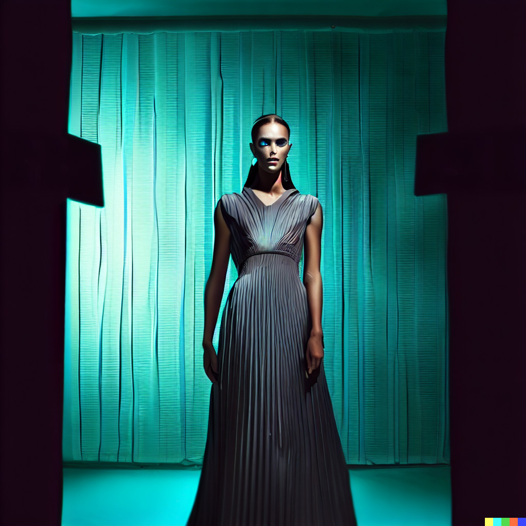 DALL·E-2023-04-03-19.56.03---fashion-shoot-in-the-studio,-medium-height-model-with-dark-slicked-back-hair,-wearing-a-grey-pleated-dress